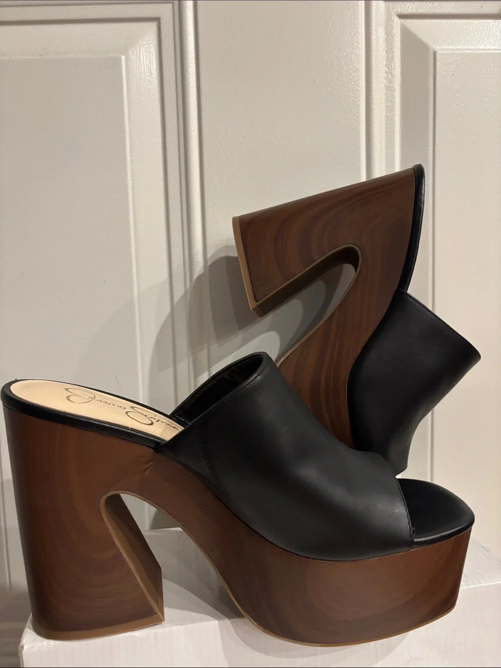 Jessica Simpson Black Platform Slide with Wood-Effect Heel